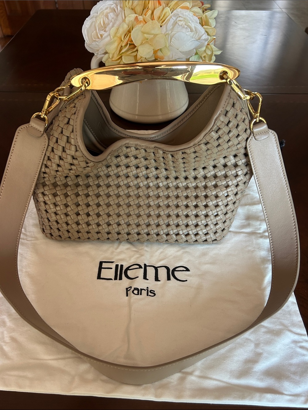 Ellleme Woven Shoulder Bag in Taupe with Gold Accents
